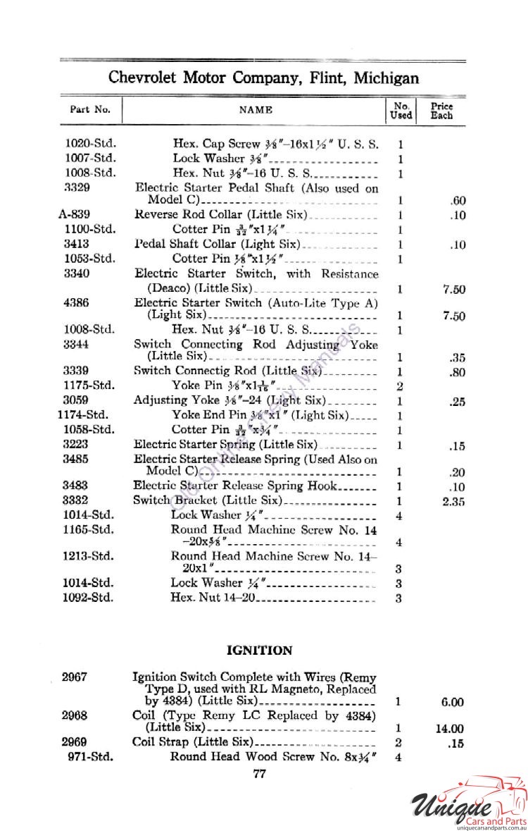 1912 Chevrolet Light and Little Six Parts Price List Page 3